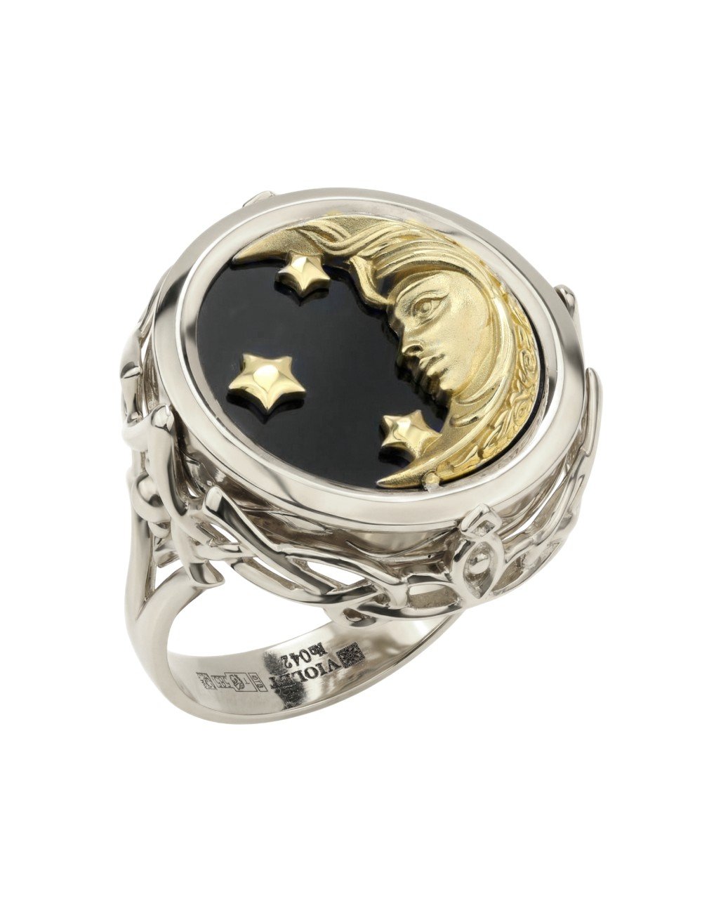 Кольцо из белого золота c ониксом и перламутром