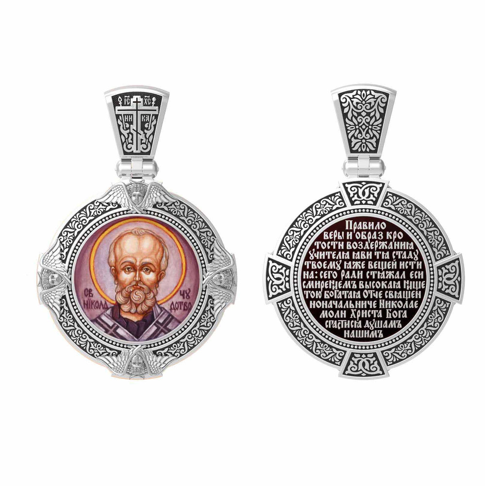 Нательная икона из белого золота 585 пробы c эмалью, иконописью и темперой