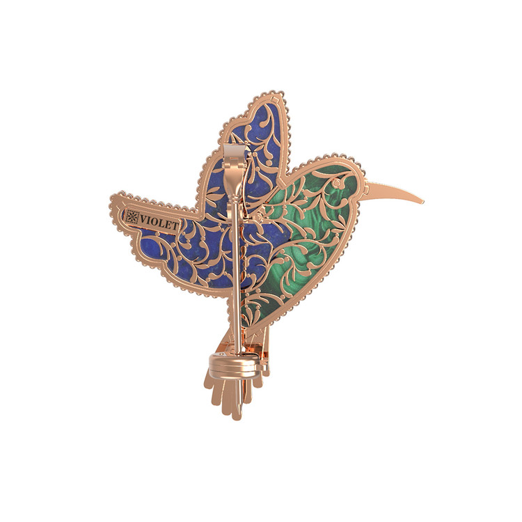 Брошь-подвеска из красного золота 585 пробы c эмалью, лазуритом и малахитом