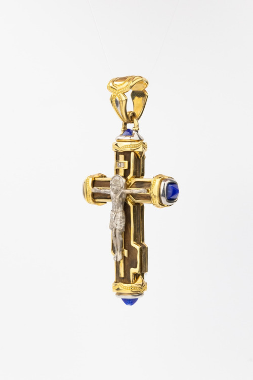 Крест из лимонного золота 585 пробы c лазуритом и железным деревом