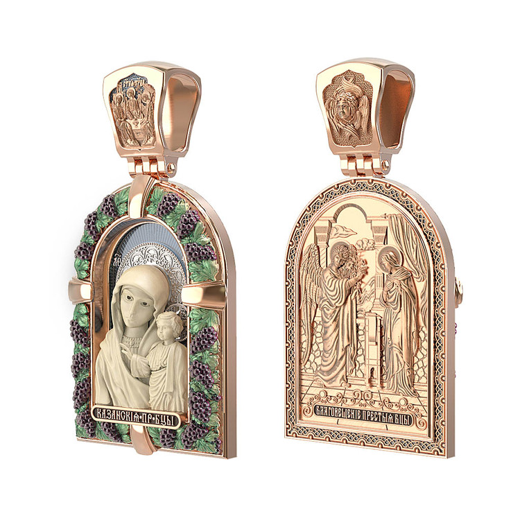 Нательная икона из красного золота 585 пробы c эмалью и бивнем мамонта