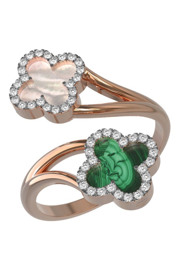 Кольцо из золота c бриллиантами, малахитом и перламутром