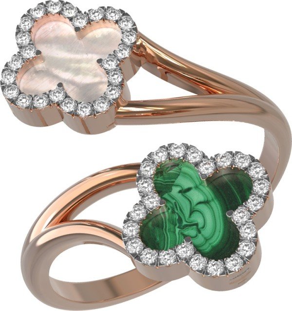 Кольцо из золота c бриллиантами, малахитом и перламутром