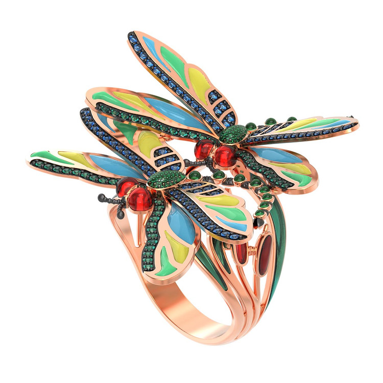 Кольцо из красного золота 585 пробы c сапфиром, изумрудом и эмалью