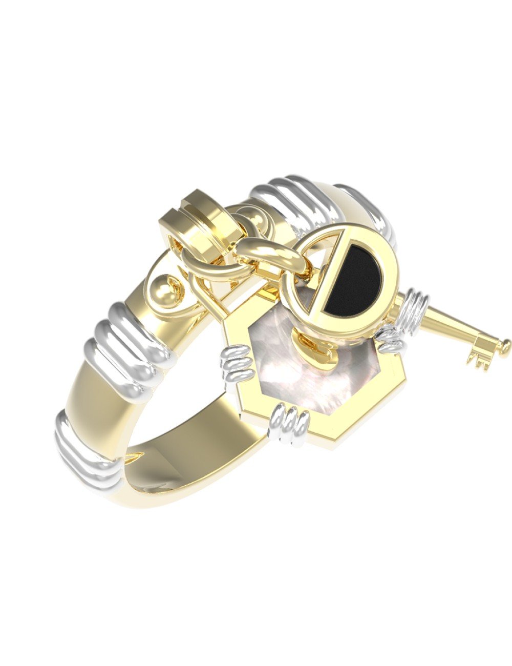 Кольцо из лимонного золота c ониксом и перламутром