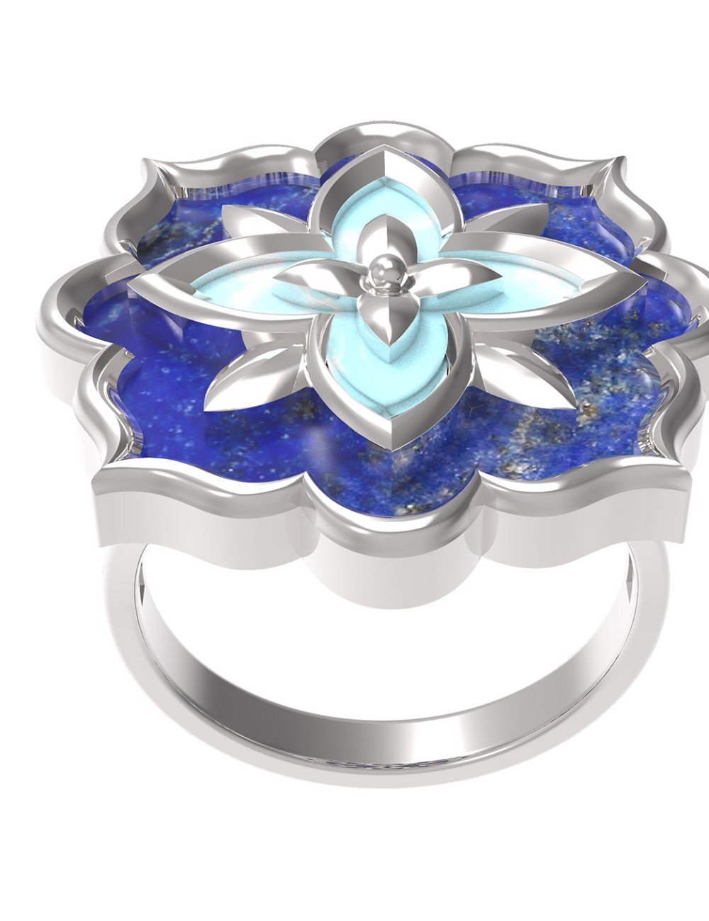 Кольцо из белого золота c бирюзой и лазуритом