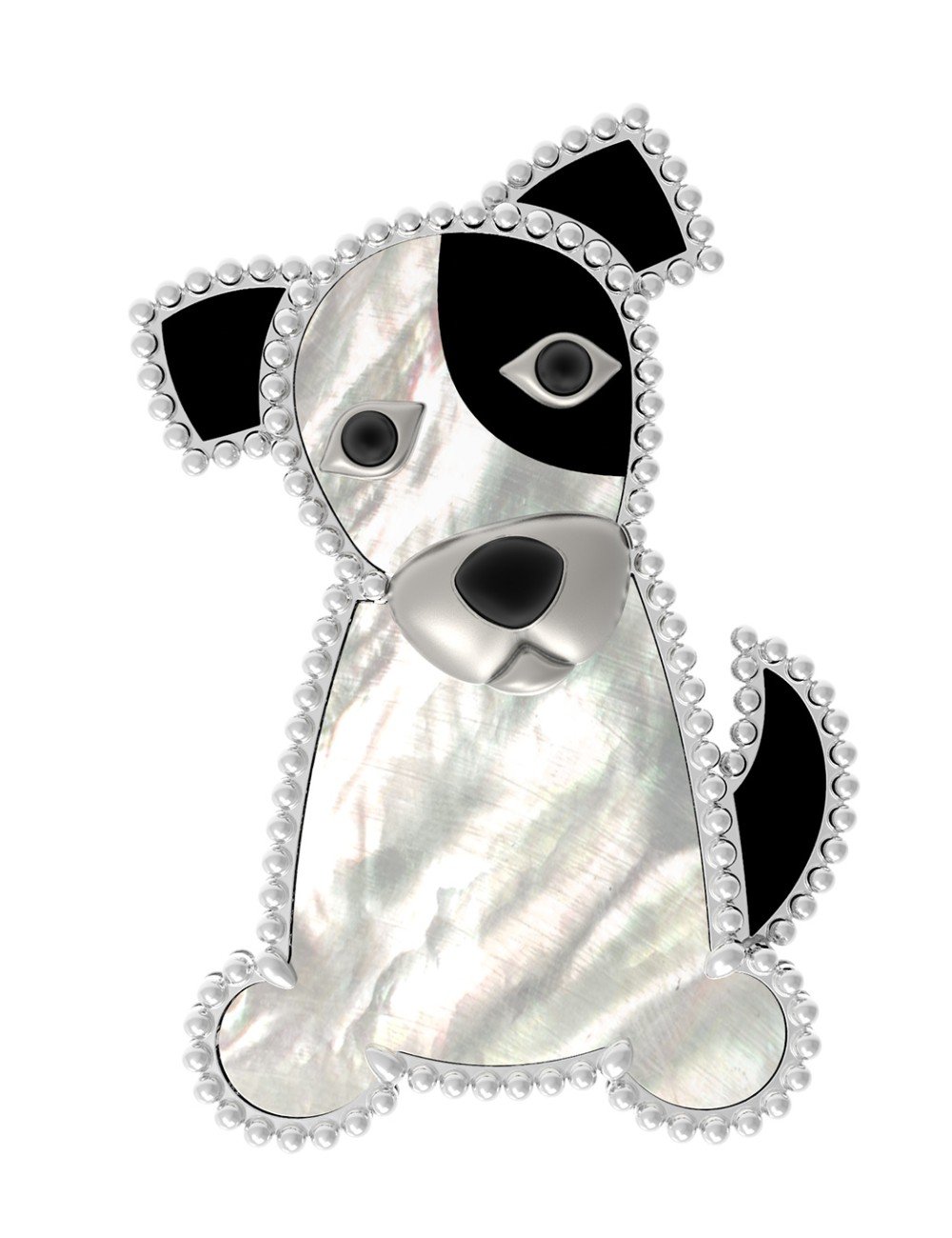 Брошь из белого золота c эмалью, ониксом и перламутром