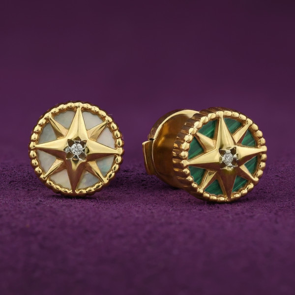 Серьги из лимонного золота 585 пробы c бриллиантами, малахитом и перламутром