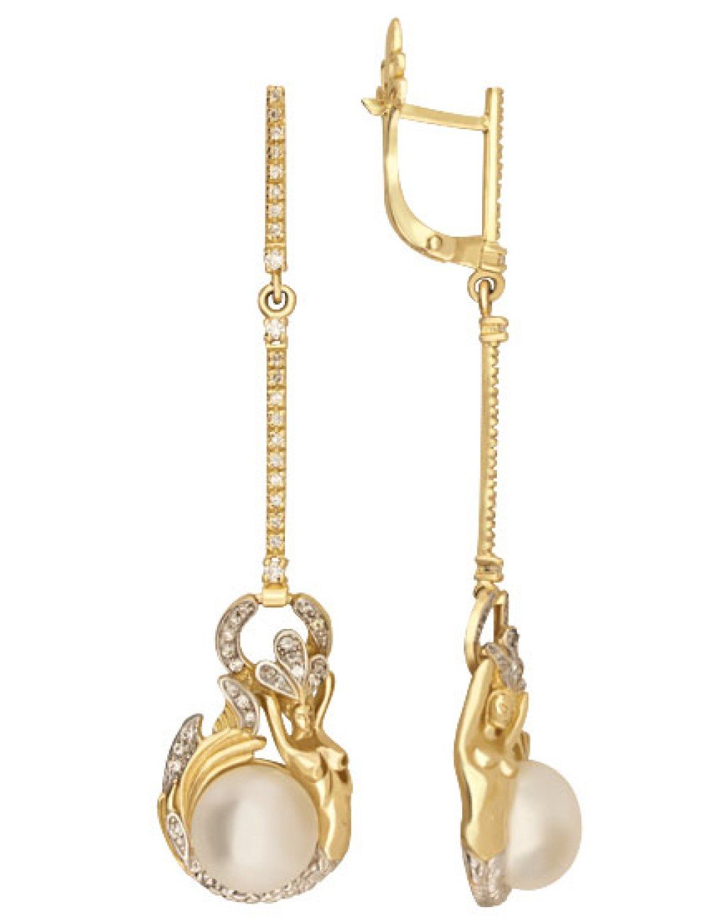 Серьги из лимонного золота c бриллиантами и жемчугом