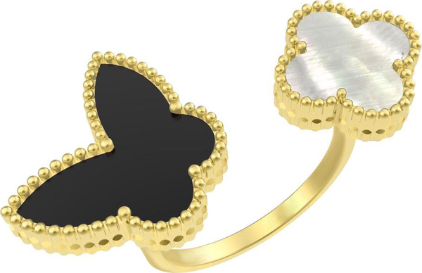 Кольцо из лимонного золота 585 пробы c ониксом и перламутром