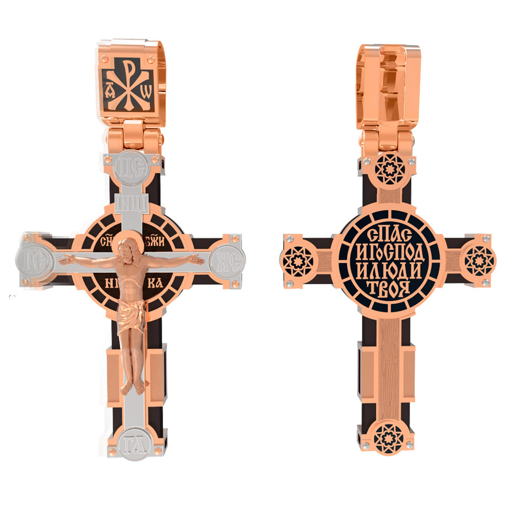 Крест из красного золота 585 пробы c эмалью и эбеновым деревом