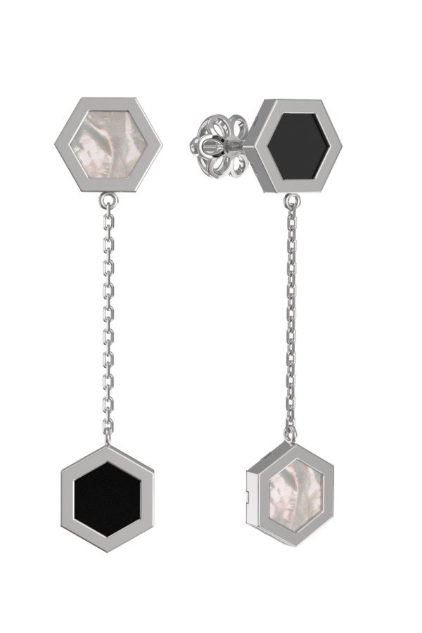 Серьги из белого золота c ониксом и перламутром