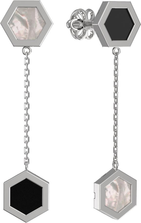 Серьги из белого золота 585 пробы c ониксом и перламутром