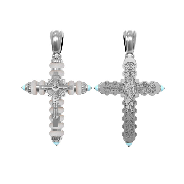 Крест из белого золота 585 пробы c бирюзой и кахолонгом