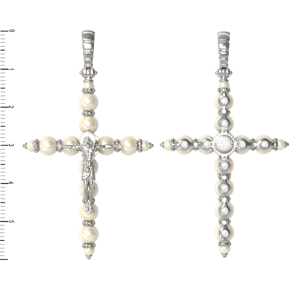 Крест из белого золота 585 пробы c жемчугом