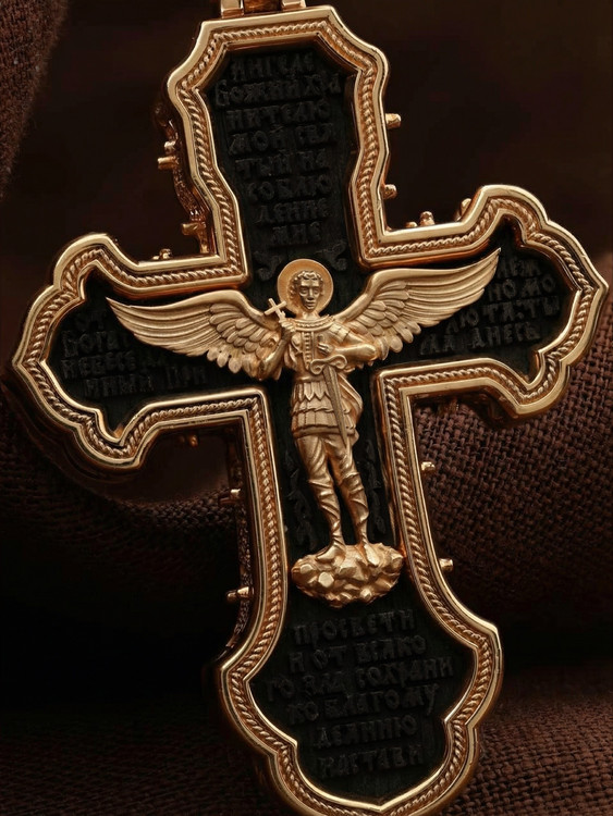 Крест из красного золота 585 пробы c эбеновым деревом