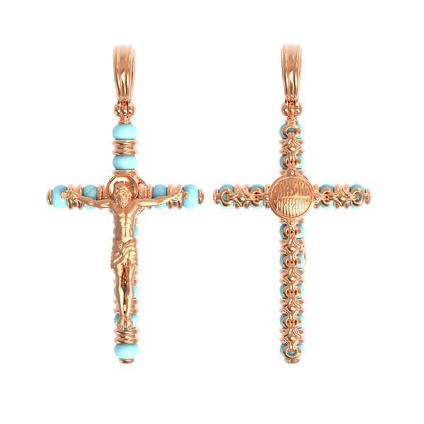 Крест из красного золота 585 пробы c бирюзой