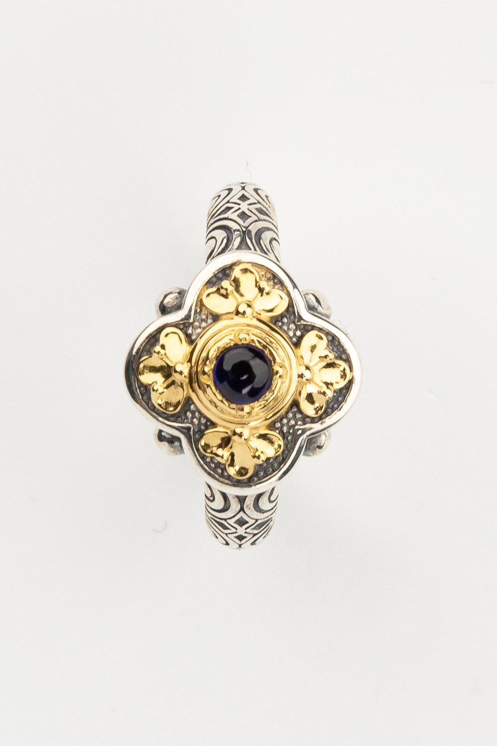 Кольцо из серебра 925 пробы и золота 750 пробы c сапфиром и рубином