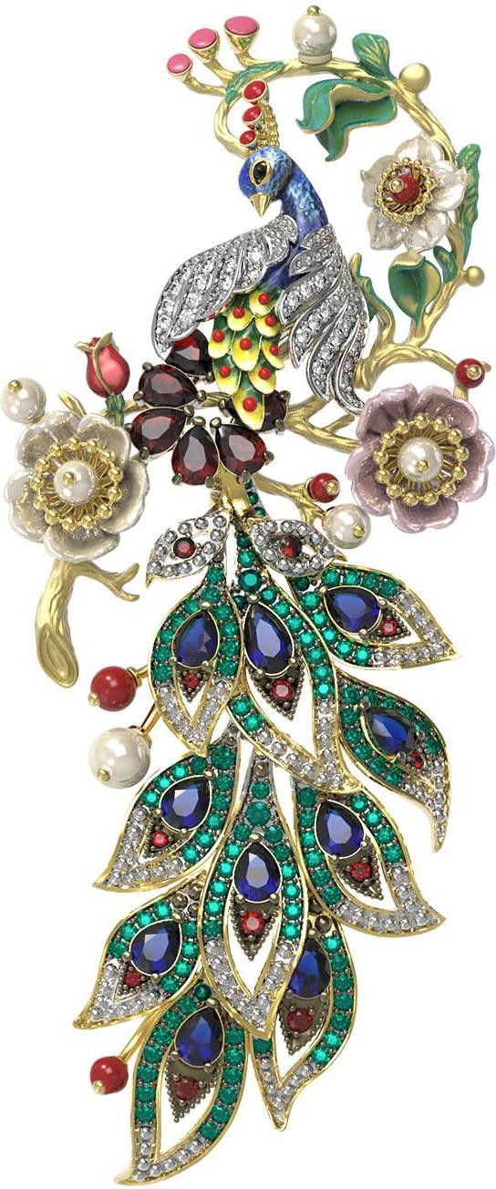 Брошь-подвеска из лимонного золота 585 пробы c эмалью, фианитом, гранатом, жемчугом, сапфиром, кораллом и перламутром