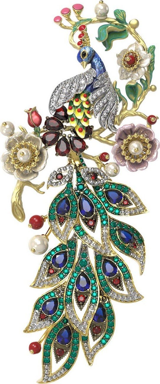 Брошь из лимонного золота c эмалью, фианитом, гранатом, жемчугом, сапфиром, кораллом и перламутром