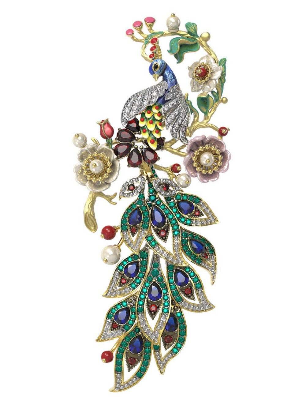 Брошь из лимонного золота c эмалью, фианитом, гранатом, жемчугом, сапфиром, кораллом и перламутром