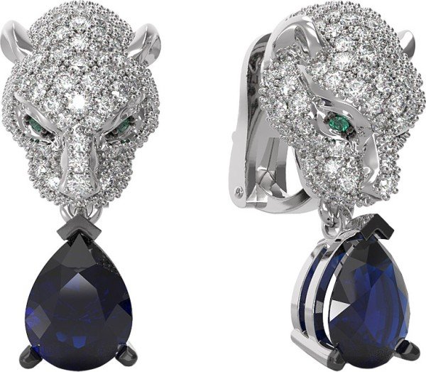 Серьги из белого золота c бриллиантами, сапфиром и изумрудом