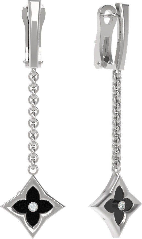 Серьги из белого золота c бриллиантами и ониксом