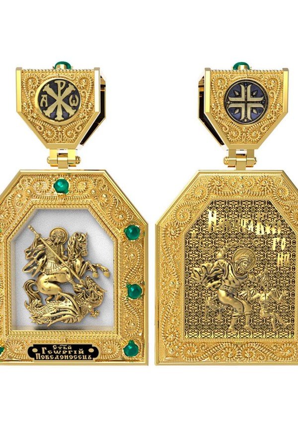 Образок из лимонного золота c эмалью и хризопразом