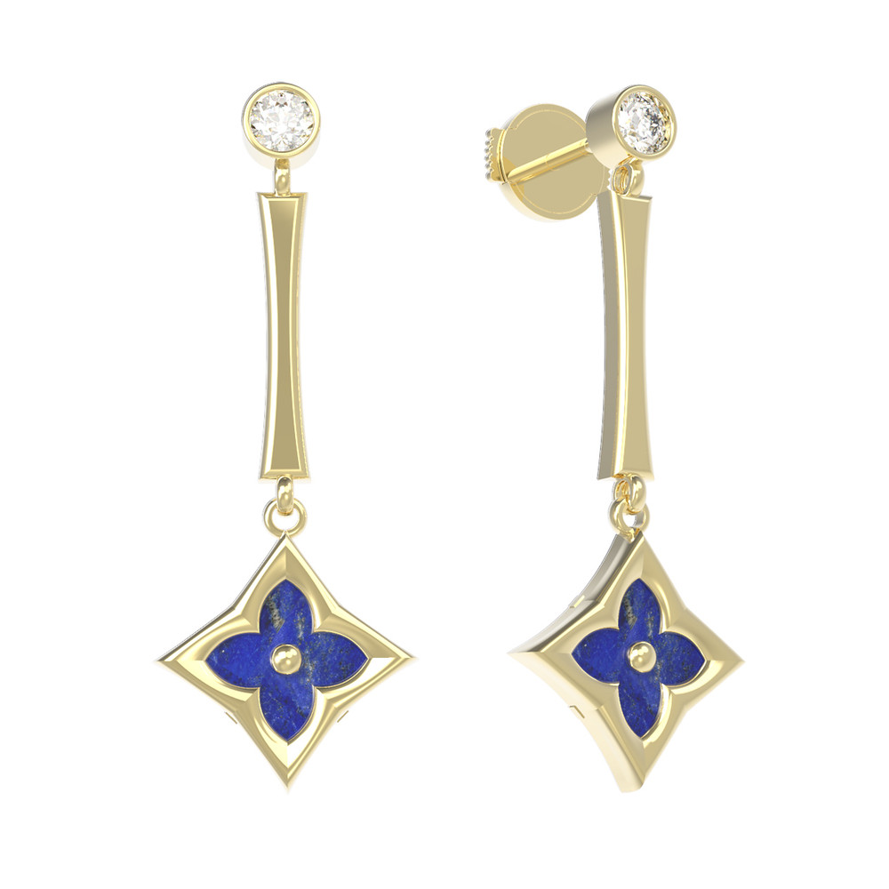 Серьги из лимонного золота 585 пробы c фианитом и лазуритом