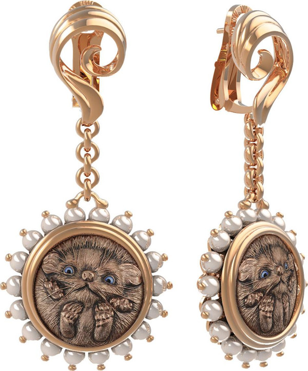 Серьги из красного золота 585 пробы c эмалью и жемчугом