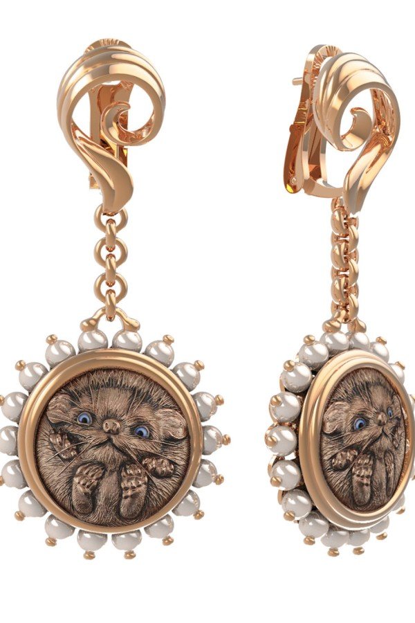 Серьги из золота c эмалью и жемчугом