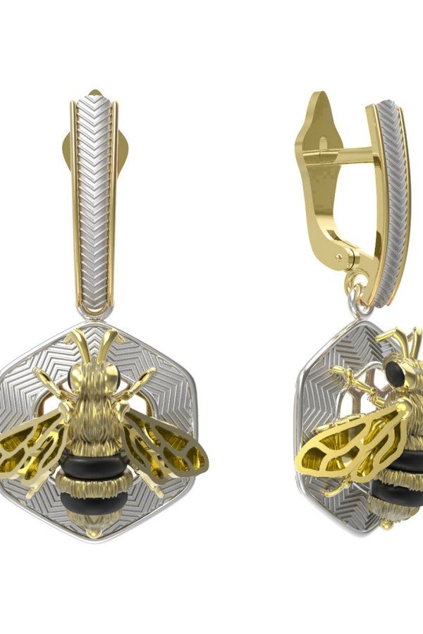 Серьги из лимонного золота c эмалью, ониксом и эмалью