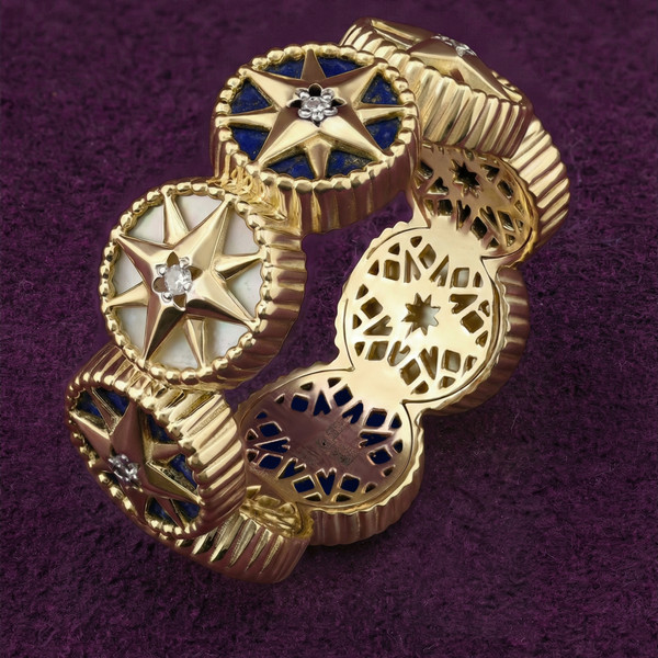 Кольцо из лимонного золота 585 пробы c бриллиантами, лазуритом и перламутром