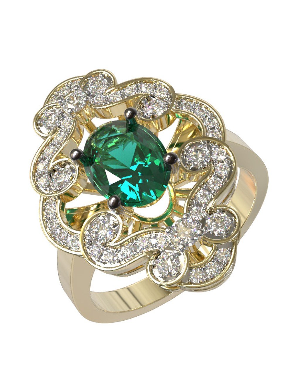 Кольцо из лимонного золота c бриллиантами и изумрудом