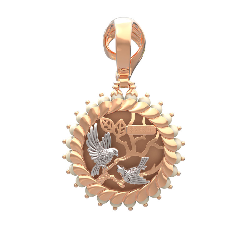 Подвеска из красного золота 585 пробы c эмалью и жемчугом