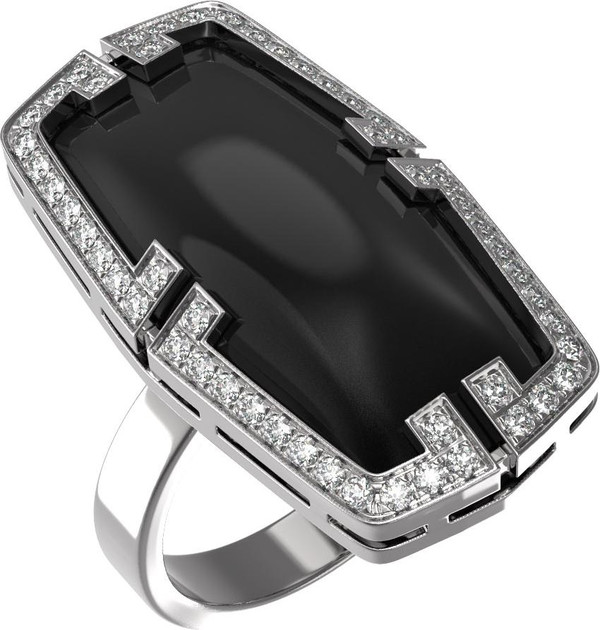 Кольцо из белого золота 585 пробы c бриллиантами, рубином и ониксом