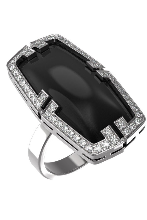 Кольцо из белого золота c бриллиантами, рубином и ониксом