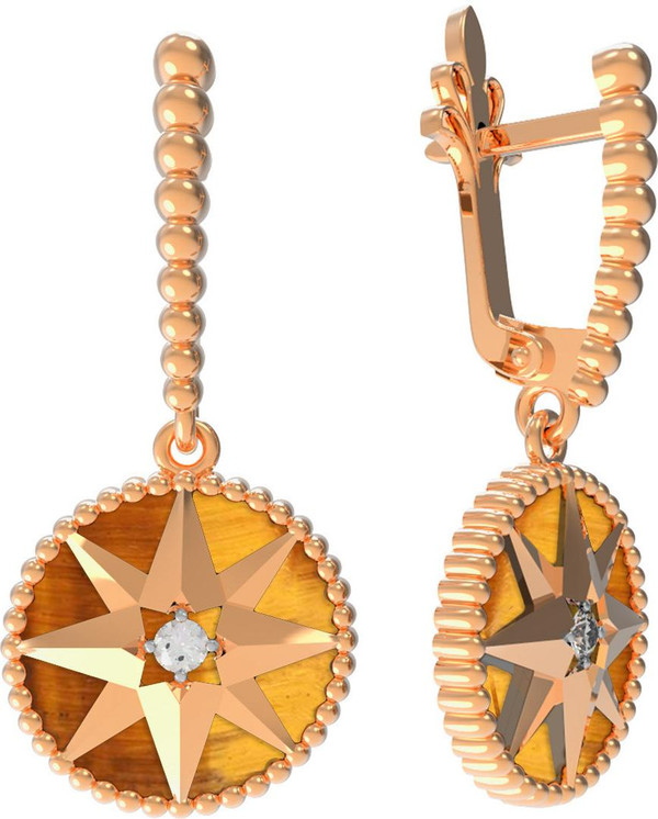 Серьги из красного золота 585 пробы c фианитом и тигровым глазом