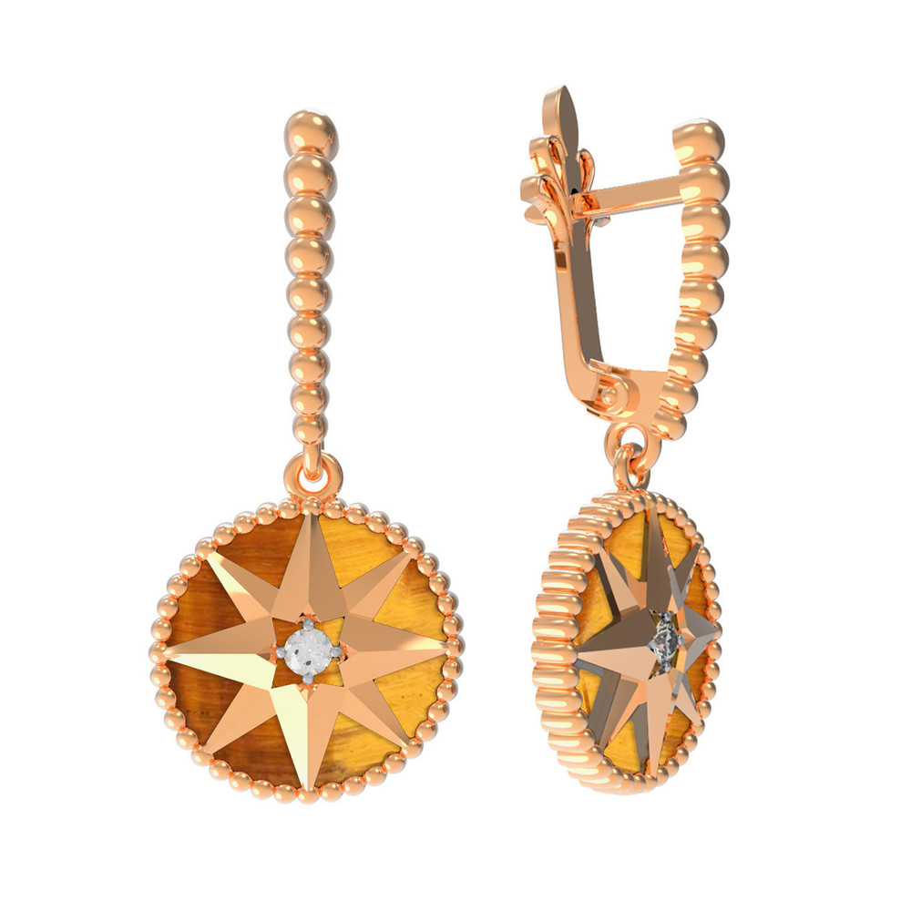 Серьги из красного золота 585 пробы c фианитом и тигровым глазом