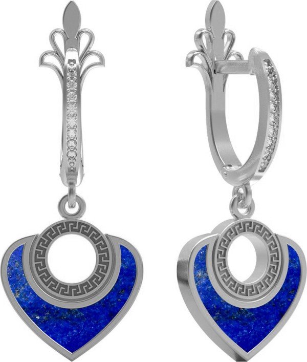 Серьги из белого золота c фианитом и лазуритом