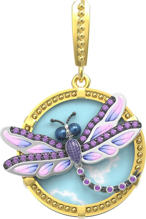 Подвеска из лимонного золота 585 пробы c бирюзой, аметистом и эмалью