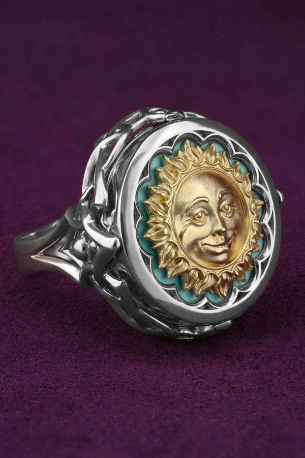 Кольцо из белого золота c бирюзой и лазуритом