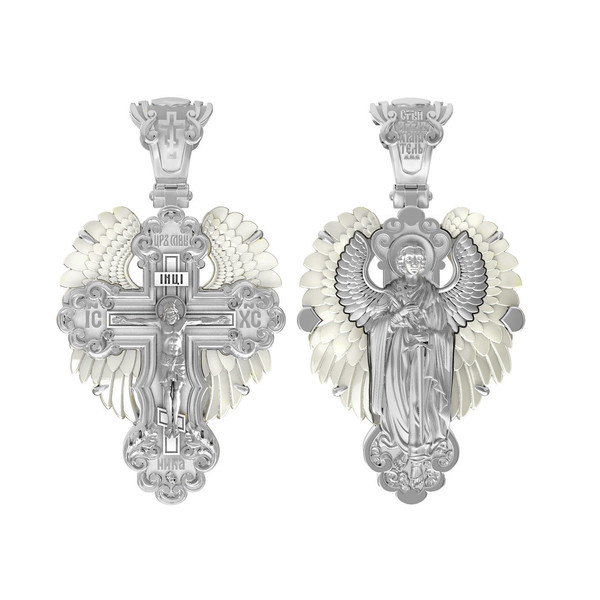 Крест из белого золота 585 пробы c перламутром