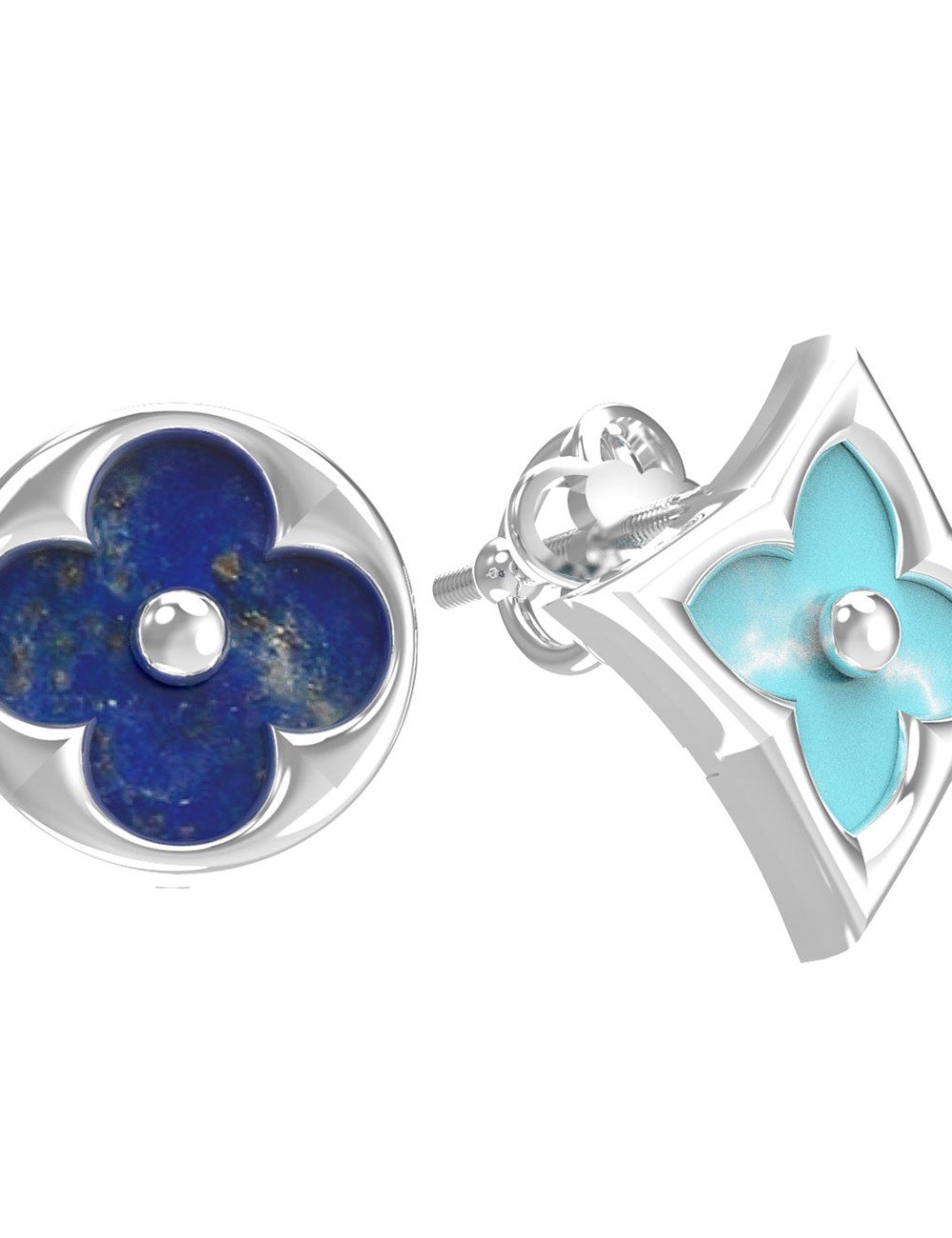 Серьги из белого золота c бирюзой и лазуритом