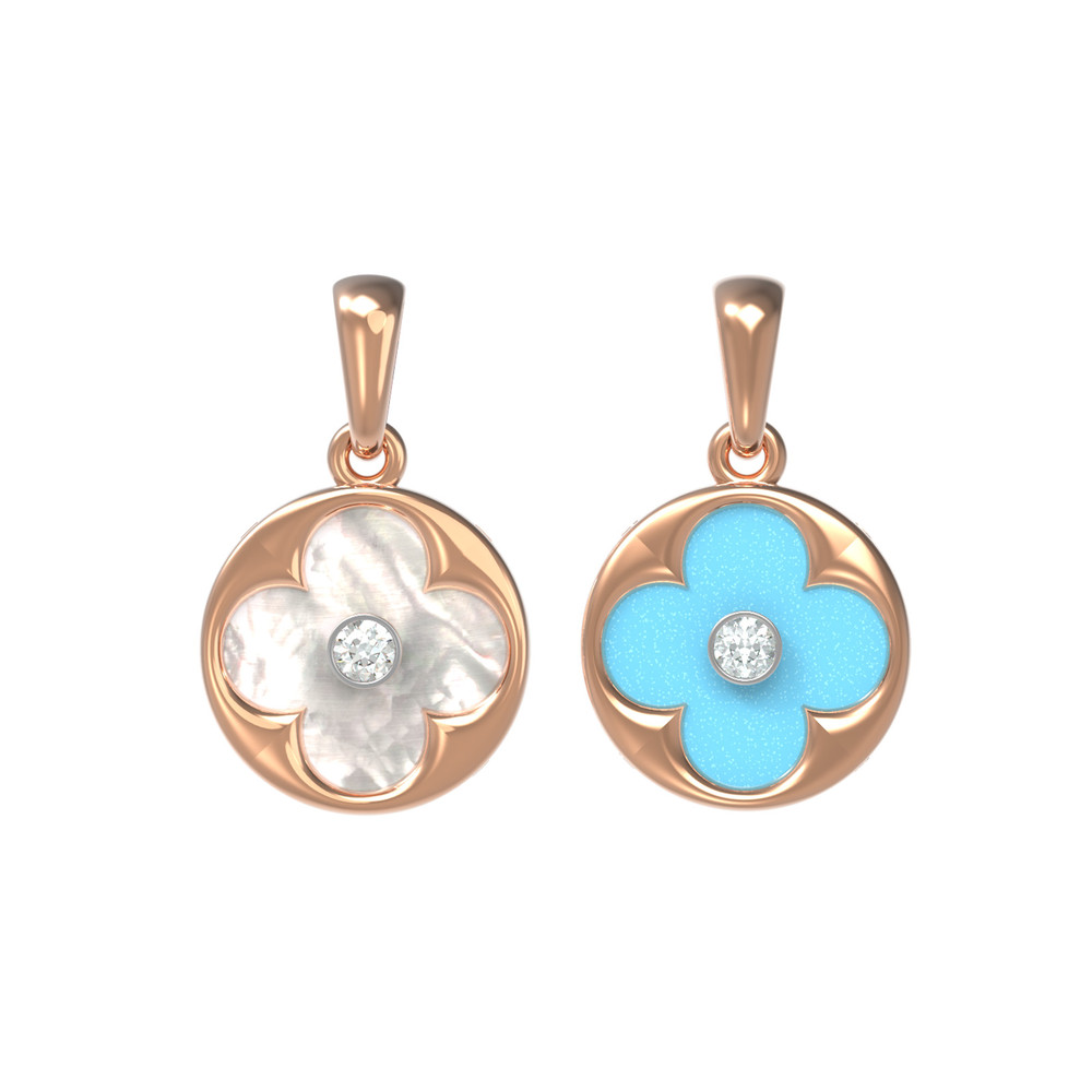 Подвеска из красного золота 585 пробы c бриллиантами, бирюзой и перламутром