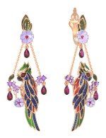 Серьги из золота c эмалью, аметистом, рубином, аметистом и сапфиром