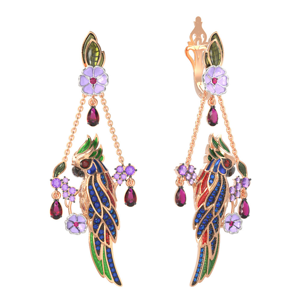 Серьги из красного золота 585 пробы c эмалью, аметистом, рубином, аметистом и сапфиром