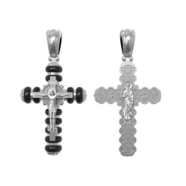 Крест из белого золота 585 пробы c ониксом