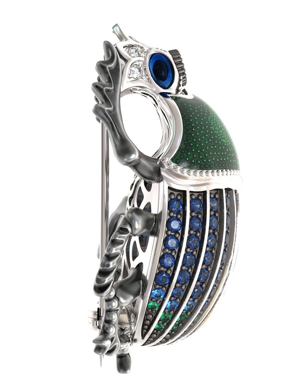 Брошь из белого золота c эмалью, фианитом и сапфиром