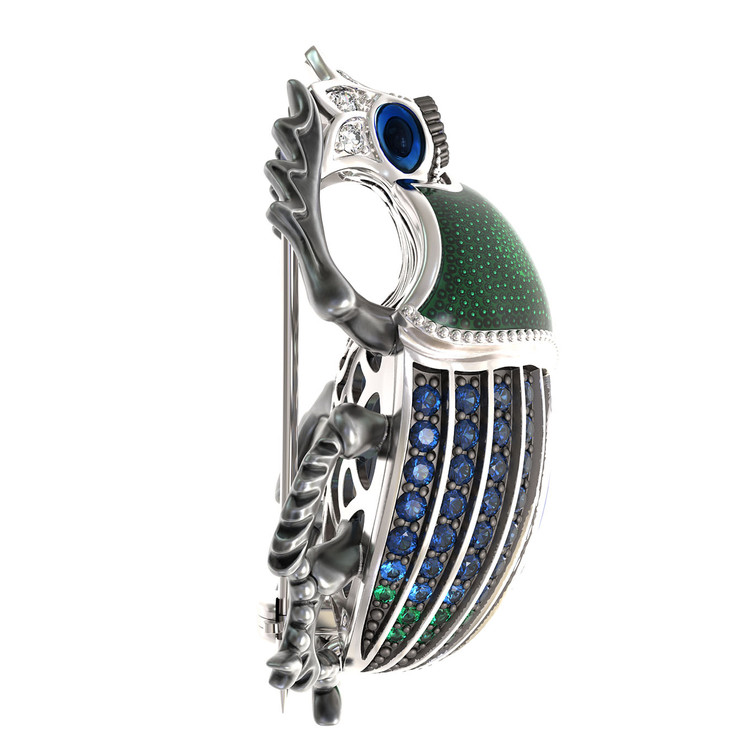 Брошь-подвеска из белого золота 585 пробы c эмалью, фианитом и сапфиром
